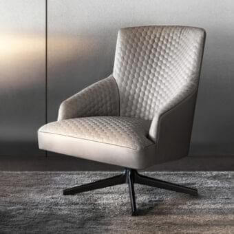 Elegant 4 Mariani Moore relax lounge chair with neutral beige quilted textile and dark metal star-shaped swivel base