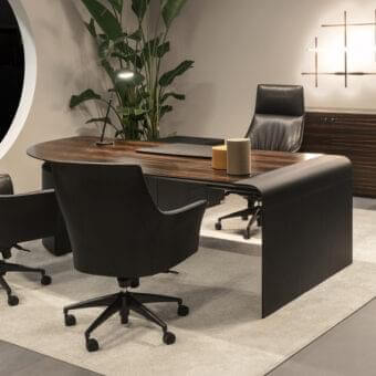 Distinguished 4 Mariani Siena desk with dark brown wood and saddle leather, crafted in a balanced matte black base