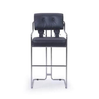 Exceptional 4 Mariani Tucroma stool with sleek steel frame and black upholstered seat secured with saddle leather straps