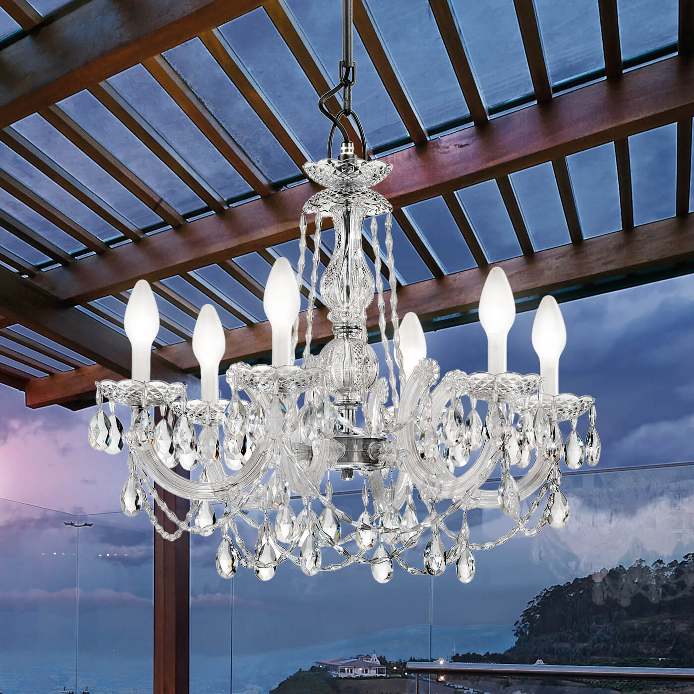 Masiero S6 outdoor chandelier, crystal and frosted glass, multi-tiered sculptural design with dangling droplets, suspended from pergola.