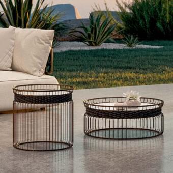 Distinctive Rugiano Ciglia coffee table with hand-welded bronze metal tubes and hand-braided grey rope, topped with a light surface