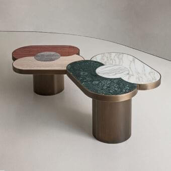 Distinguished Rugiano Landmark coffee table with Travertino silver, romano, and rosso marble sections built with bronzed brass metal