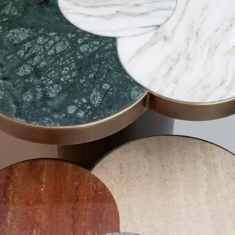 Architectural Rugiano Landmark coffee table with bronze brass structure and captivating floral partitions in Calacatta gold and Guatemala green marble