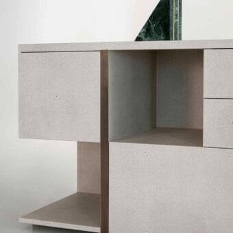Distinguished Rugiano Mondrian dresser built in light gray textured leather with bronzed brass metal details