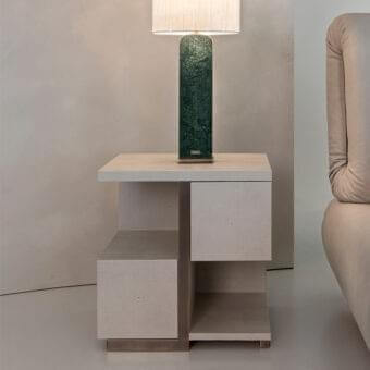 Exceptional Rugiano Mondrian nightstand with light neutral stone-like material and bronzed brass metal details