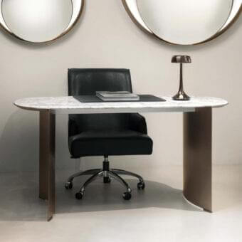 Distinguished Rugiano President desk with rounded marble top and varnished bronze curved legs creating a sophisticated design