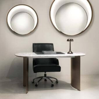 Refined Rugiano President desk with rounded marble top and bronze varnished curved legs embodies Italian glamour