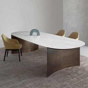 Superior Rugiano President table with rounded white tabletop and dark brown matte finish curved legs