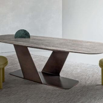 Exclusive Rugiano Wally table crafted in Italy with decorated painted wood and varnished bronze sculpturesque metal base