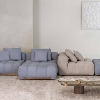 Superior Rugiano Yacht sectional with light blue and beige upholstery crafted in Italy with bronze brass accents