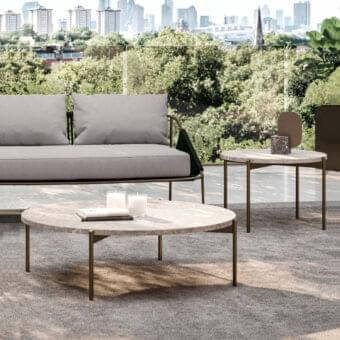 Sophisticated Rugiano Apollo coffee table with round ceramic or marble top and outdoor Bronze-finish metal legs