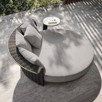 Exclusive Rugiano Marina daybed with a bronze metal structure woven in sophisticated grey hand-braided rope and light grey textile seating