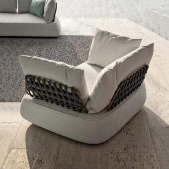 Exceptional Rugiano Melody lounge chair with light grey textile and bronze metal framing, exhibiting hand-braided grey rope detailing