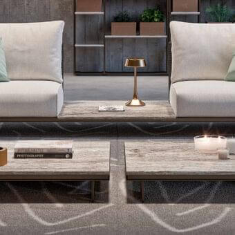 Elegant Rugiano Memphis coffee table with rectangular ceramic top in gray tones and sleek outdoor Bronze aluminum base