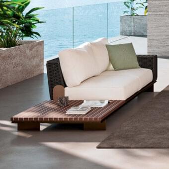 Stylish Rugiano Memphis sofa with bronze metal woven with hand-braided grey rope and light beige fabric cushions