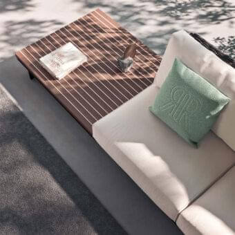 Exceptional Rugiano Memphis sofa with woven bronze metal base, hand-braided grey rope and light cream fabric upholstery with a green accent pillow