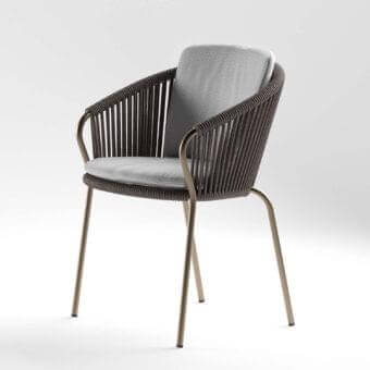 Elegant Rugiano Minerva armchair with hand-braided grey rope and outdoor bronze metal structure crafted in Italy