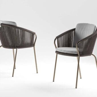 Distinctive Rugiano Minerva armchair crafted with outdoor bronze metal and dark brown hand-braided rope with light gray cushions