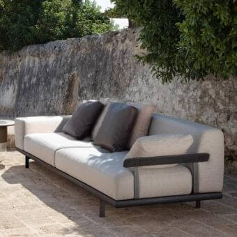 Superior Talenti Allure sofa with light gray textile upholstery and dark metal frame built with wooden armrests