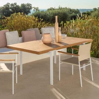 Distinguished Talenti Allure dining table with light brown solid wood and refined white aluminum structure boasting a smooth finish