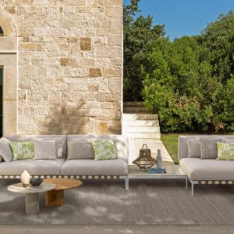 Sophisticated Talenti Salinas coffee table with layered design in light lava stone and warm matte wood finish
