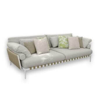 Exceptional Talenti Salinas sofa with light grey cushions and a woven beige and white striped base crafted in white metal