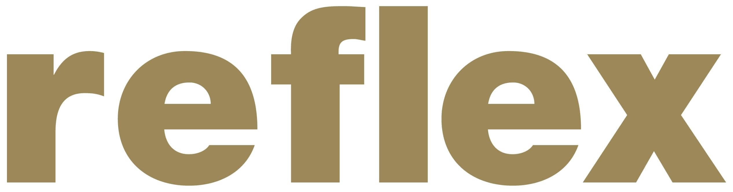Gold capital letters spelling “reflex” are centered on a bright white background with a minimalist graphic style