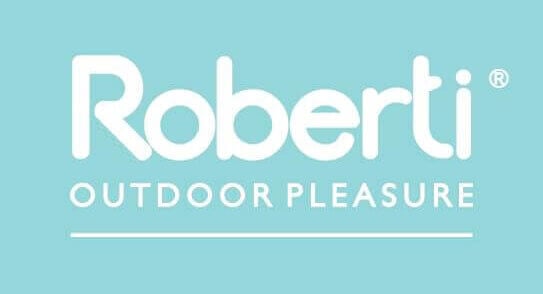 White sans-serif text spelling “Roberti” and “OUTDOOR PLEASURE” is centered on a light cyan solid background
