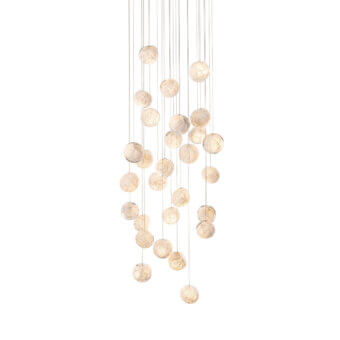 Exceptional Bocci 118 Random Suspension Lamp with translucent glass pendants and satin-finish metal wires in a pale amber glow