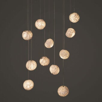 Elegant Bocci 118 Random Suspension Lamp with eleven hand-blown glass pendants and white-powder coated canopy