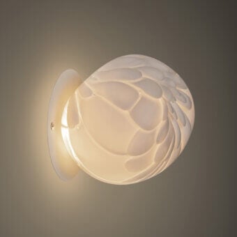 Distinguished Bocci 118 wall/ceiling lamp with dozens of feather-like opal glass forms and a brass-finish base