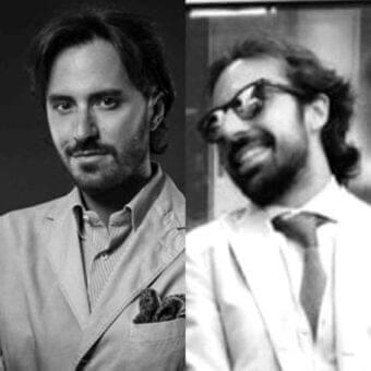 Two monochrome portraits show individuals with dark hair and facial hair wearing light jackets and ties against gradient backgrounds