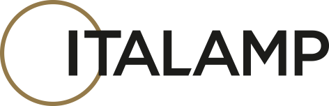 ITALAMP logo, dark charcoal gray text, muted olive-green background, partial gold-bronze circle, minimalist design, sans-serif typeface.