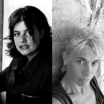 Two black and white portraits show individuals facing forward with contrasting hair and clothing against textured gradient backgrounds