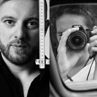 Black and white portraits of a man with measuring tape and woman with Sony camera, suggesting creative collaboration, high contrast lighting.