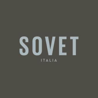 Light gray uppercase sans-serif text spelling “SOVET ITALIA” centered on a solid muted olive-brown background