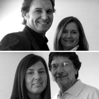 Two grayscale portrait pairs are stacked, showing individuals facing forward with gentle expressions and soft lighting
