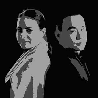 Two faces in profile are closely aligned against a dark background, rendered as a grayscale graphic illustration with angular forms