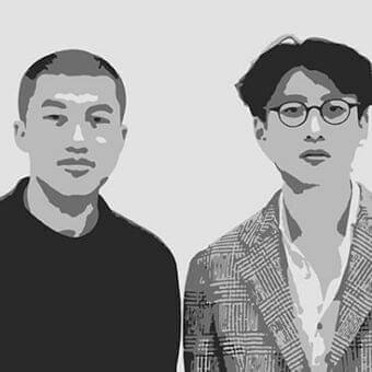 Two men facing forward with neutral expressions are depicted in a grayscale graphic illustration with simplified shapes and limited tonal variation
