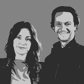 Two smiling faces are digitally illustrated against a solid gray backdrop with soft features and balanced composition