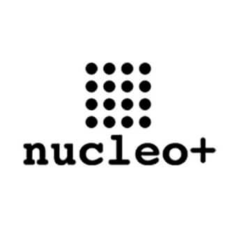 Nucleo+ logo, black circles in a white grid, with black sans-serif typography featuring a plus sign and textured font style.