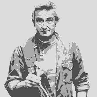 Stylized grayscale illustration of a man’s torso with clasped hands and a jacket against a plain gray background