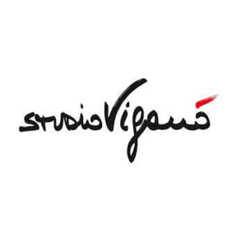 Studio Vigano logo, black script lettering with red flourish, textured handwritten style on a white background.
