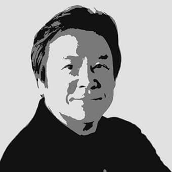Grayscale face portrait shows a person looking up with simplified tones defining facial features and wearing a dark collared garment