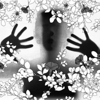 Botanical illustration overlay with blurred human figure, monochromatic palette, interwoven leaves and flowers framing silhouetted form.