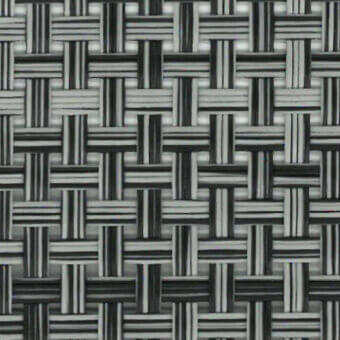 Woven gray texture displaying a grid pattern of light and dark charcoal bands, with a dense, linear weave and neutral studio lighting.