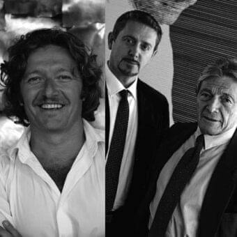 Color portrait beside grayscale diptych showing three men in suits and one in a light shirt