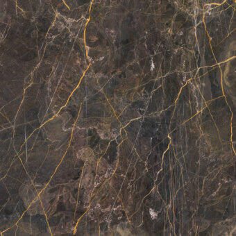 Dark brown marble texture with golden-yellow and cream veining, displaying a dense grain and polished surface with tonal variations.