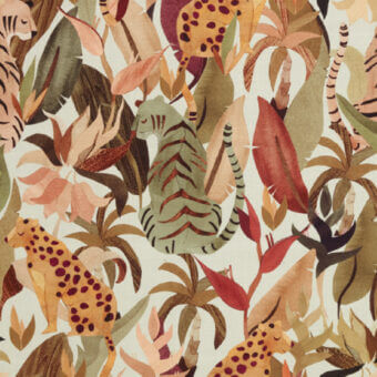 Stylized jungle pattern “tropicana e62 ambra” with cheetahs, snakes, birds, and foliage in olive green, rust orange, and beige tones.