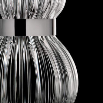 Exceptional Barovier&Toso Medina suspension lamp in clear glass with vertical ribbed detailing and silver-toned metal neck